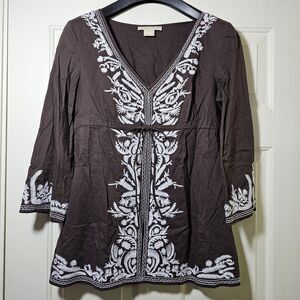 Michael Kors Sz M Brown Cotton Embroidered Shirt Boho Top Tunic V Neck